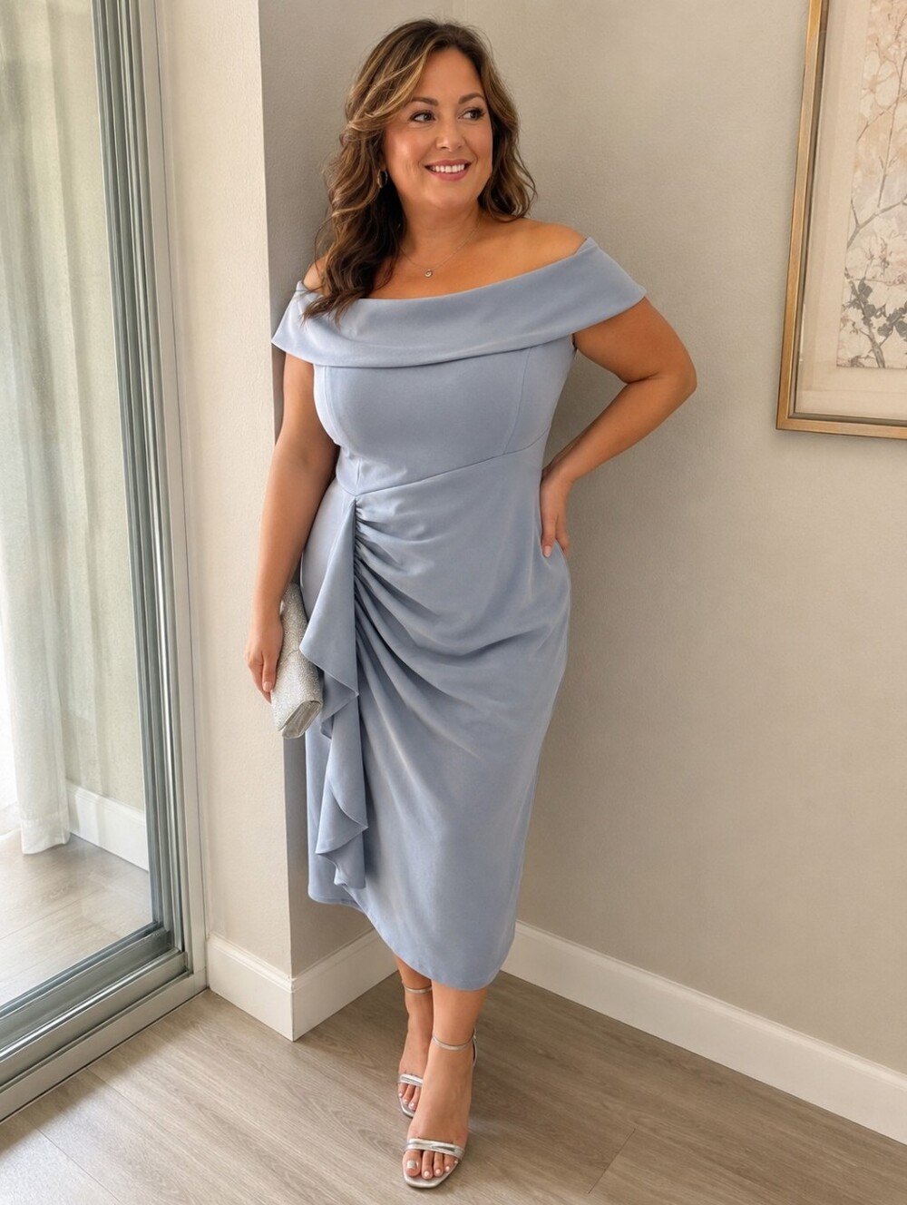 Xscape One-Shoulder Light Blue Draped Cocktail Dress 14